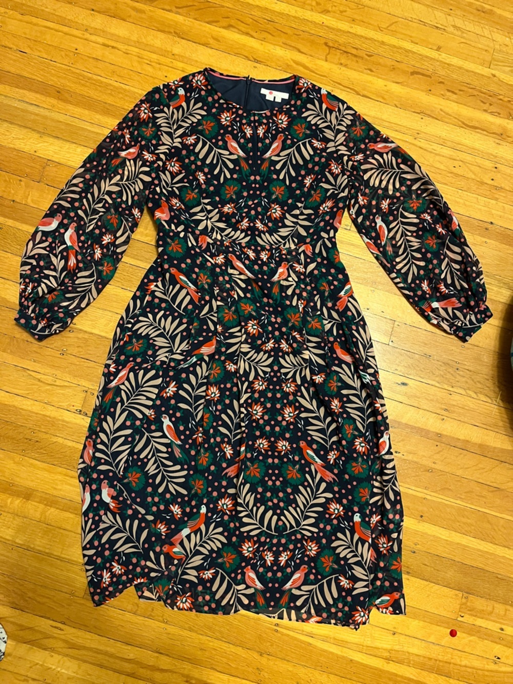 Boden flowy airy floral parrot navy Ada midi dress pouf sleeves 6P tropical prep - Picture 5 of 9